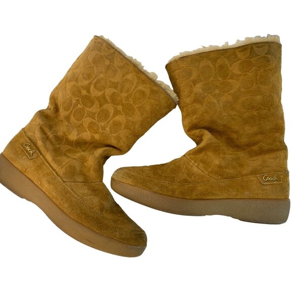 Coach Women's Suede Sherpa Lined Logo Boots Size 8B Tan Cuffable Embossed 7443 - Picture 1 of 13